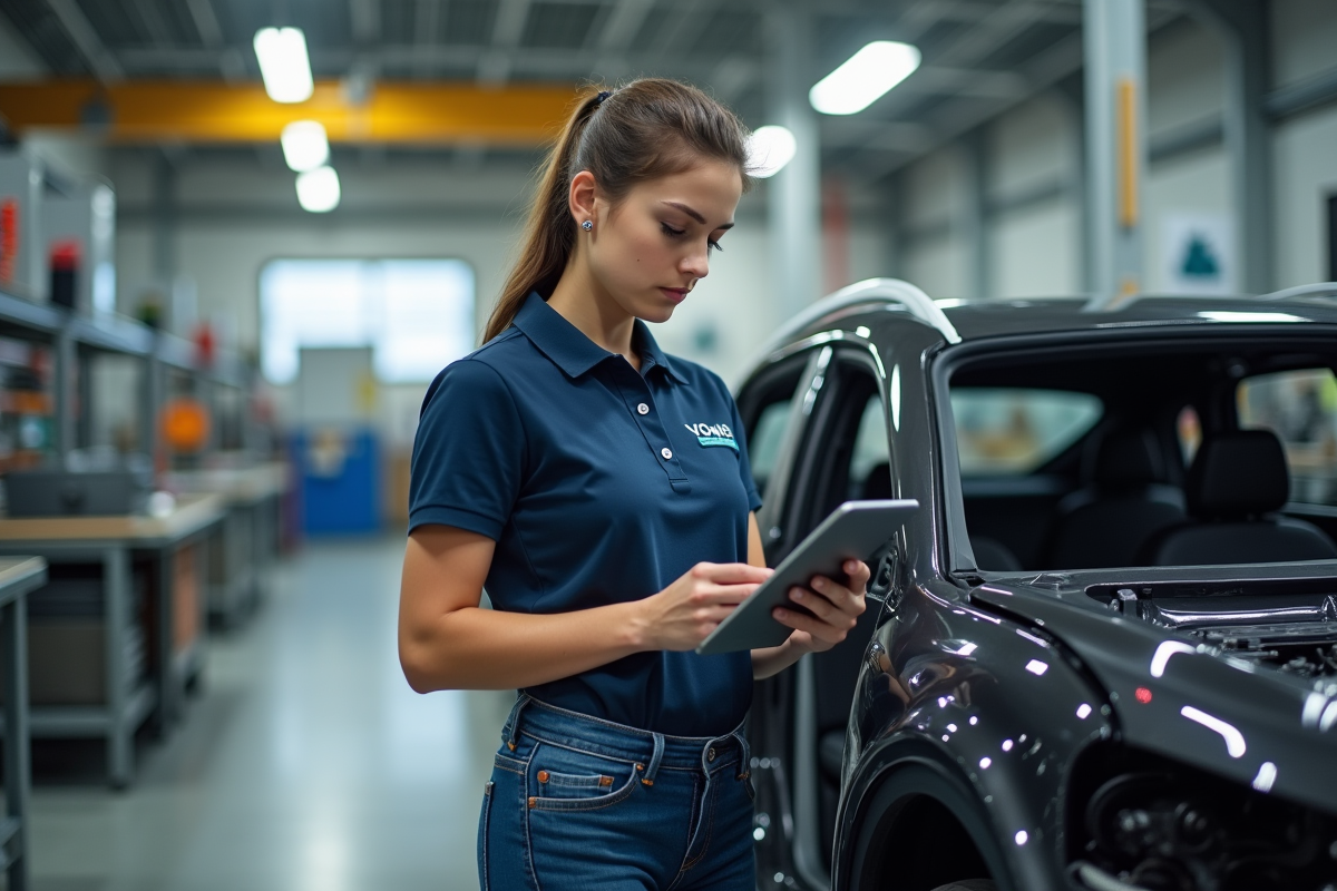 Technicienne en atelier inspectant un châssis électrique