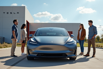 Voiture électrique Tesla devant l'usine avec équipe souriante
